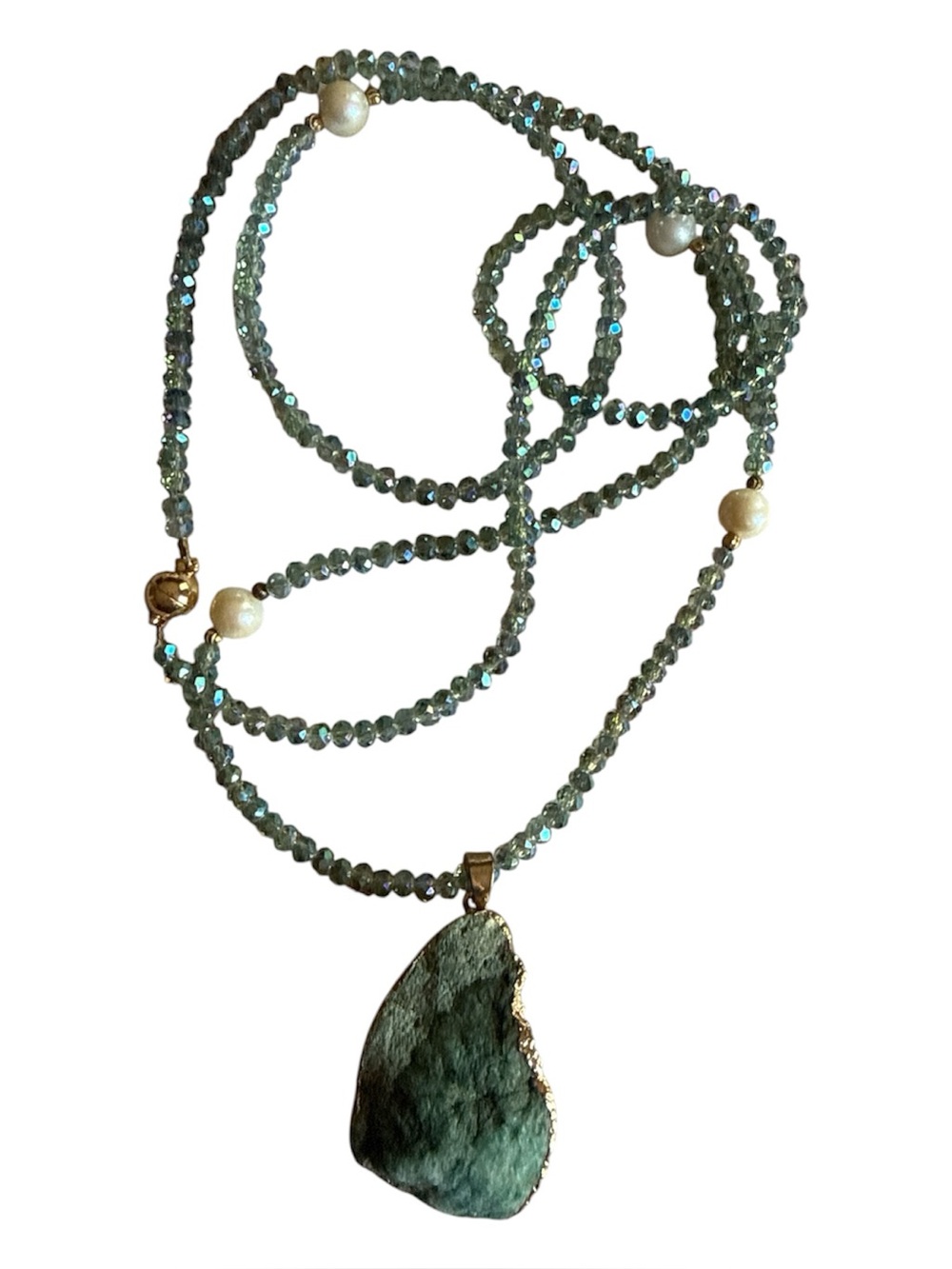 Golden plated edge Druzy pendant Green Crystal Beaded Necklace